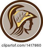 1417860-clipart-of-a-profile-portrait-of-the-roman-goddess-of-wisdom-minerva-or-menrva-wearing-a-helmet-and-laurel-crown-in-a-brown-white-and-taupe-circle-royalty-free-vector-illustration