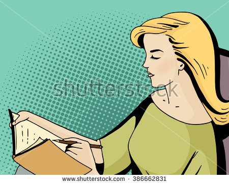 stock-vector-pop-art-blonde-woman-seat-and-keep-a-diary-comic-girl-hold-a-pen-and-write-in-a-book-vintage-hand-386662831